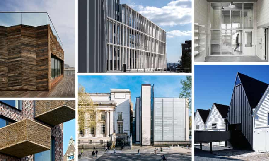 The shortlist … clockwise from top left, Hastings Pier, City of Glasgow College, a studio for photographer Juergen Teller, Command of the Ocean, the British Museum extension and Barrett’s Grove.