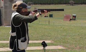 Bridget McKenzie firing a gun during a competition between politicians and members of the media held by the Parliamentary Friends of Shooting