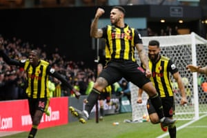 Watford’s Andre Gray celebrates scoring the only goal of the game to beat Everton at Vicarage Road.