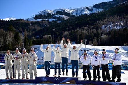 Norway celebrate atop the cross-country relay podium
