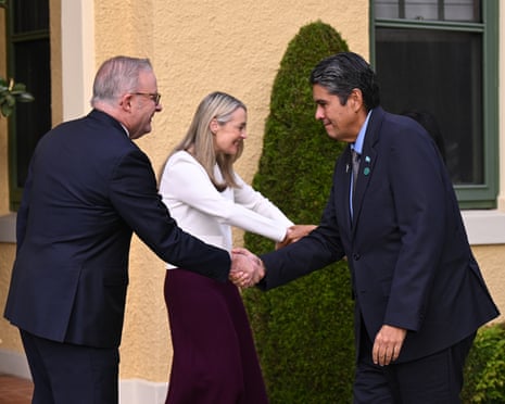 Australian Prime Minister Anthony Albanese and his wife, Jodie Haydon, greet the president of Palau, Surangel Whipps Jr.