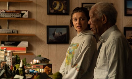 Florence Pugh (Allison) and Morgan Freeman (Daniel) in A Good Person, directed by Zach Braff.