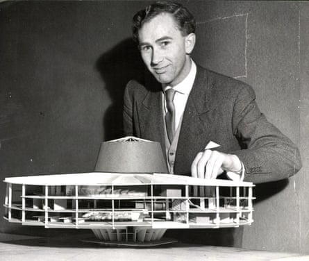 black and white photo of peter womersley with an architectural model
