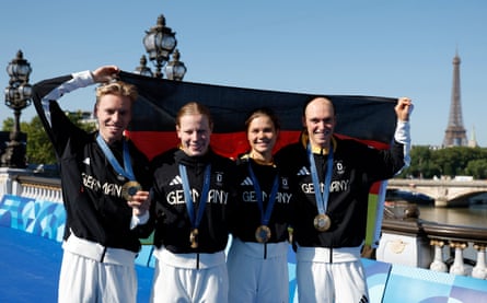 (L-R) Tim Hellwig, Laura Lindemann, Lisa Tertsch and Lasse Luehrs of Germany pose with their medals.