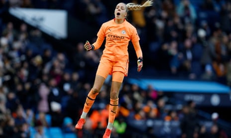 Ellie Roebuck celebrates after Laura Coombs scores during the Women’s Super League match between Manchester City and Manchester United in 2022.