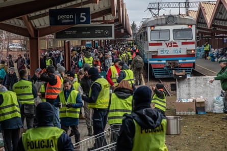 Hundreds of Ukrainians arrive from Lviv at Przemyśl train station in Poland earlier this week.