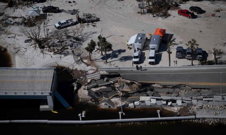 An aerial picture shows the collapsed Sanibel Causeway in the aftermath of Hurricane Ian in Sanibel, Florida.