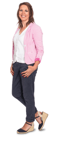 A woman in a white shirt, pink and white horizontal striped cardigan and blue jeans