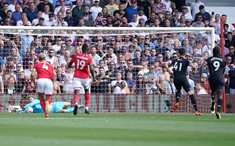 West Ham United's Declan Rice sees his penalty kick saved by Nottingham Forest goalkeeper Dean Henderson.
