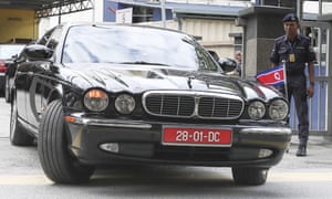 The car used by the North Korean ambassador to Malaysia leaves the forensic department of a Kuala Lumpur hospital on Wednesday