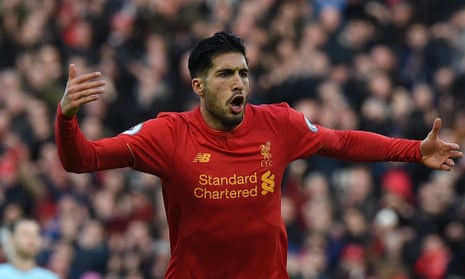 Emre Can celebrates scoring Liverpool’s winner in their 2-1 Premier League victory against Burnley at Anfield