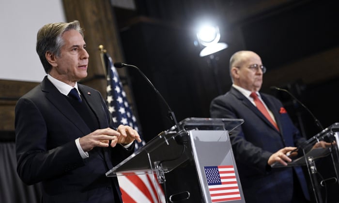 US secretary of state Antony Blinken and Poland’s foreign minister Zbigniew Rau during a press conference on Saturday.