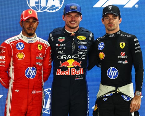 Max Verstappen smiles with Charles Leclerc and Lewis Hamilton