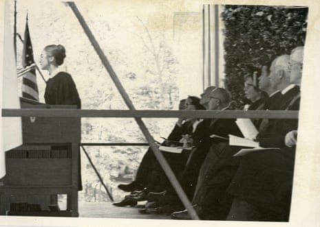 Hillary Clinton as a student giving a speech during her 1969 commencement at Wellesley College.