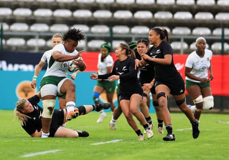 South Africa’s Springbok women’s rugby team in action against New Zealand’s Black Ferns at Athlone Stadium, ahead of the 2025 Rugby World Cup.