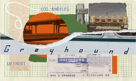 composite illustration of greyhound bus logo and ticket and map