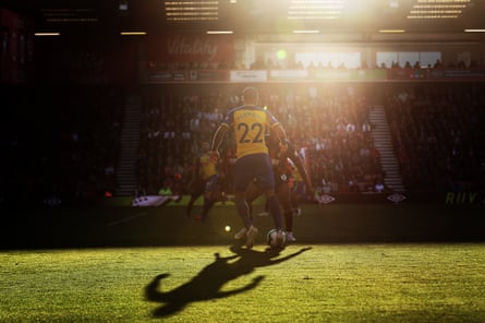 October 20: Nathan Redmond of Southampton on the ball as the sun sets during their match against Bournemouth at the Vitality Stadium.