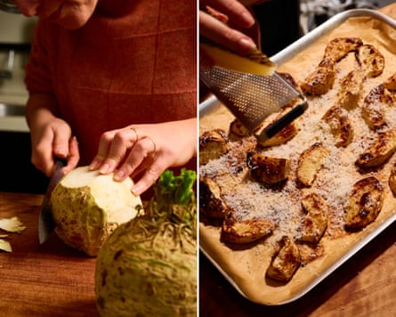 Composite of person cutting a celeriac, and roasted chunks on a tray