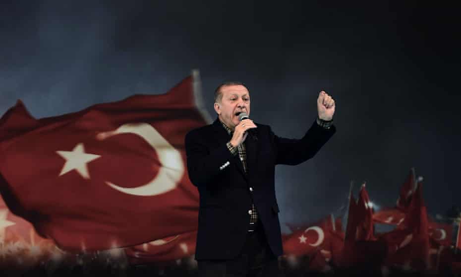 Recep Tayyip Erdoğan delivers a speech in Istanbul during a pro-government women’s rally.