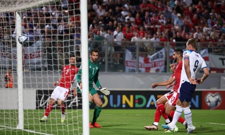 Ferdinando Apap of Malta scores an own goal, England's first goal during the Euro 2024 qualifier in Malta.