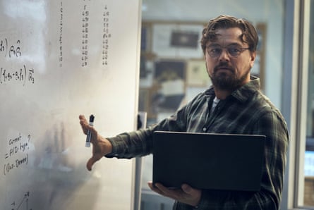 Leonardo DiCaprio as a scientist with a whiteboard in Don’t Look Up.