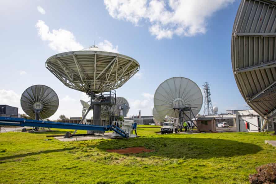 Engineers working on some of the smaller antennae at Goonhilly.