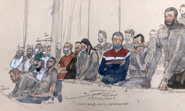 Court sketch of defendant and others