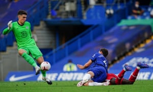 Kepa Arrizabalaga’s judgment was faulty in the incident that culminated in Andreas Christensen being sent off for hauling down Sadio Mané.