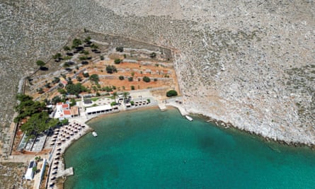 A drone photo showing a beach resort and the sea.