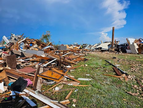 A handout photo made available by the Booker Fire Department shows the damages of an overnight tornado in Perryton, Texas.