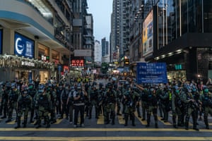 Riot police put up a warning flag during an anti-government protest on September 6, 2020 in Hong Kong, China.