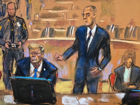 Donald Trump sits beside his lawyers Emil Bove and Susan Necheles during jury selection of his criminal trial on charges that he falsified business records to conceal money paid to silence porn star Stormy Daniels in 2016, in Manhattan state court in New York City, 18 April 2024.