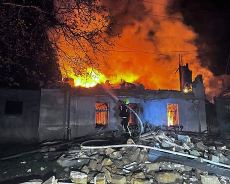 Drone flying over Ukrainian city