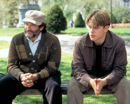 Matt Damon and Robin Williams on a park bench in a scene from Good Will Hunting