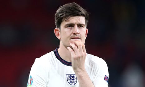 Harry Maguire, pictured after England Euro 2020 final defeat, said he was glad his children had not attended the game.