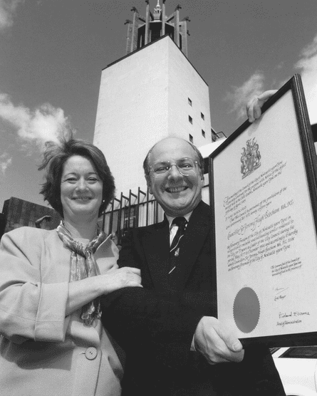 Beecham with his wife, Brenda, in front of Newcastle Civic Centre, on being given the freedom of the city in 1995.