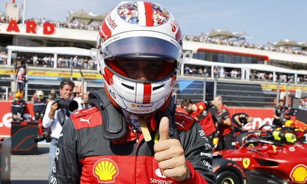Ferrari’s Charles Leclerc celebrates after taking pole position for the French F1 GP at Paul Ricard