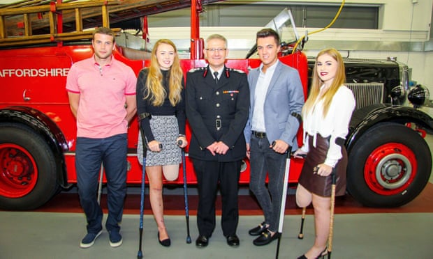 Staffordshire Fire and Rescue Service chief officer Peter Dartford (centre) with crash victims (left to right) Daniel Thorpe, Leah Washington, Joe Pugh and Victoria Balch.