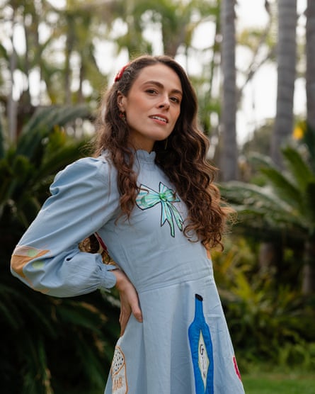 Woman in long blue dress