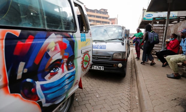 Communal taxis in Kenya advertise coronavirus safety.