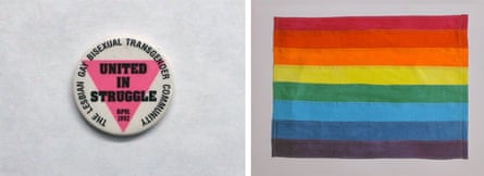 Left: Buttons from the collection of Maggi Rubenstein, 1992. Right: Gilbert Baker’s original hand-dyed rainbow flag