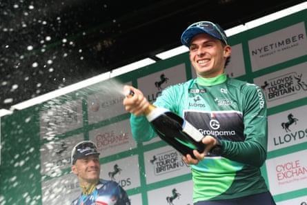 Romain Grégoire sprays the champagne