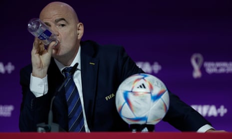 Fifa's president, Gianni Infantino, takes a drink during his 57-minute diatribe in Doha on the eve of the 2022 World Cup.