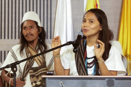 Ati Gundiwa, a member of the Arhuaco indigenous community of the Sierra Nevada de Santa Marta, speaking at the conference opening.