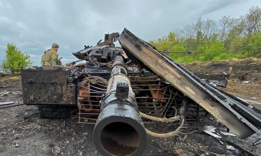 A Russian battle tank destroyed by Ukrainian forces near the village of Staryi Saltiv, in the Kharkiv region, on Monday May 9.