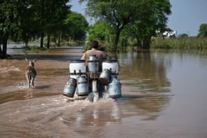 A milk courier drives through flood water
