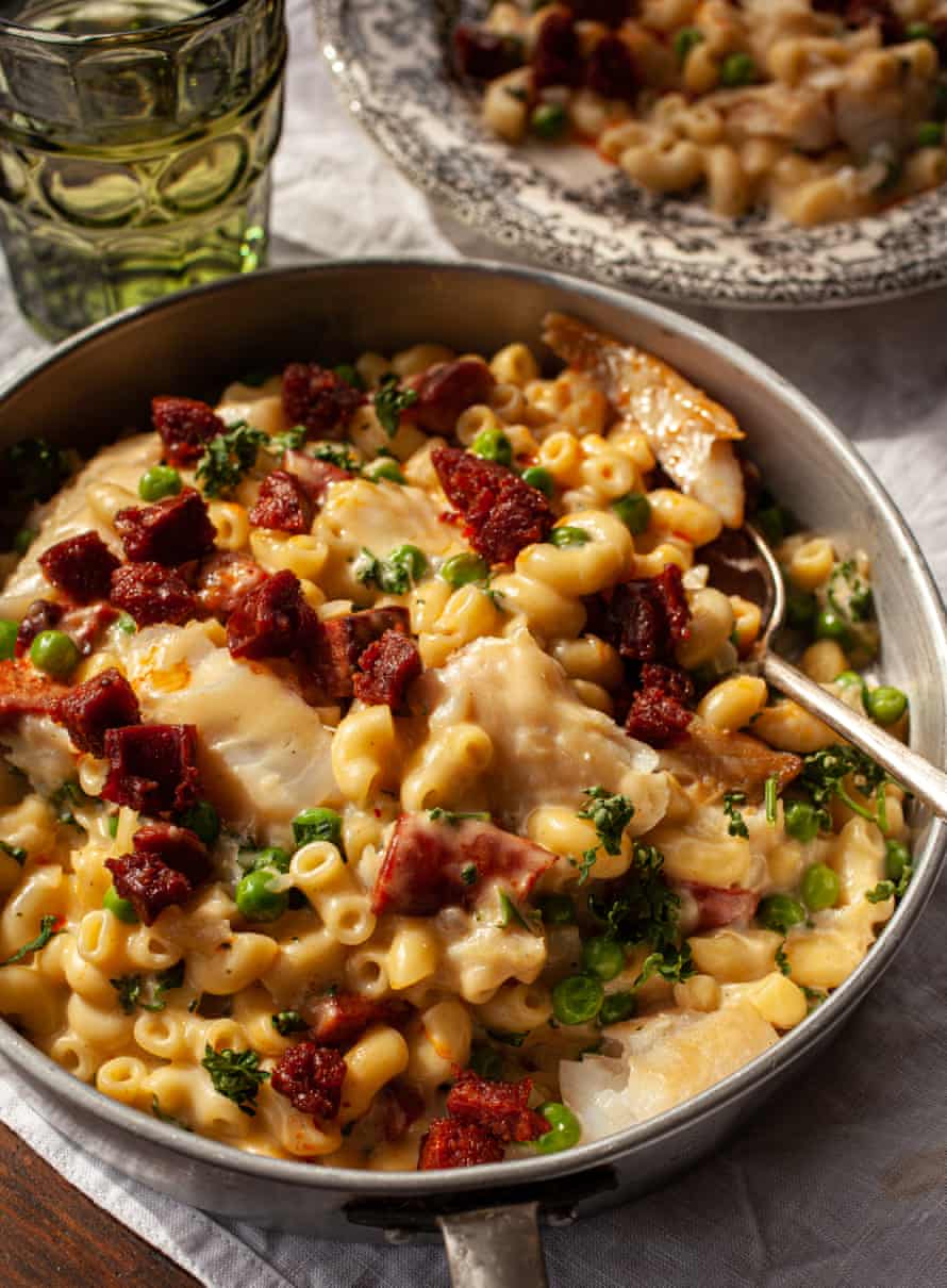 Smoked haddock, pea and chorizo macaroni cheese, by Kirsty Scobie and Fenella Renwick