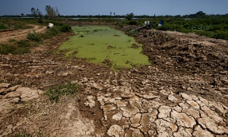 Dried land around water reservoir amid drought, in the village on the outskirts of Jiujiang, Jiangxi province.