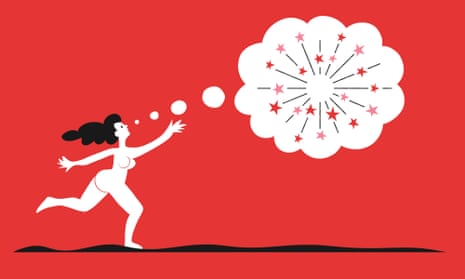 Illustration of naked woman chasing a star-filled speech bubble