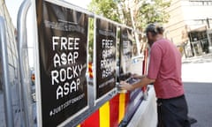 A man displays posters in support of US rapper A$AP Rocky in Stockholm, Sweden, Thursday, 25 July 2019.